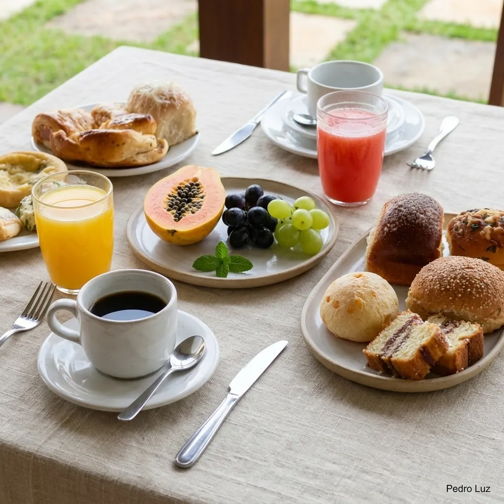 Café da manhã farto com bolos e frutas